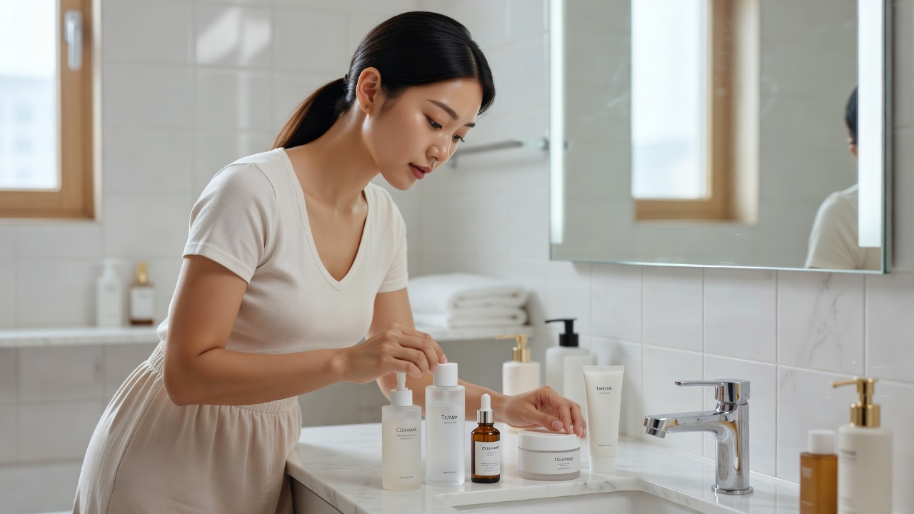 스킨케어 루틴 FAQ 목차를 보여주는 깔끔한 제품 정리 장면